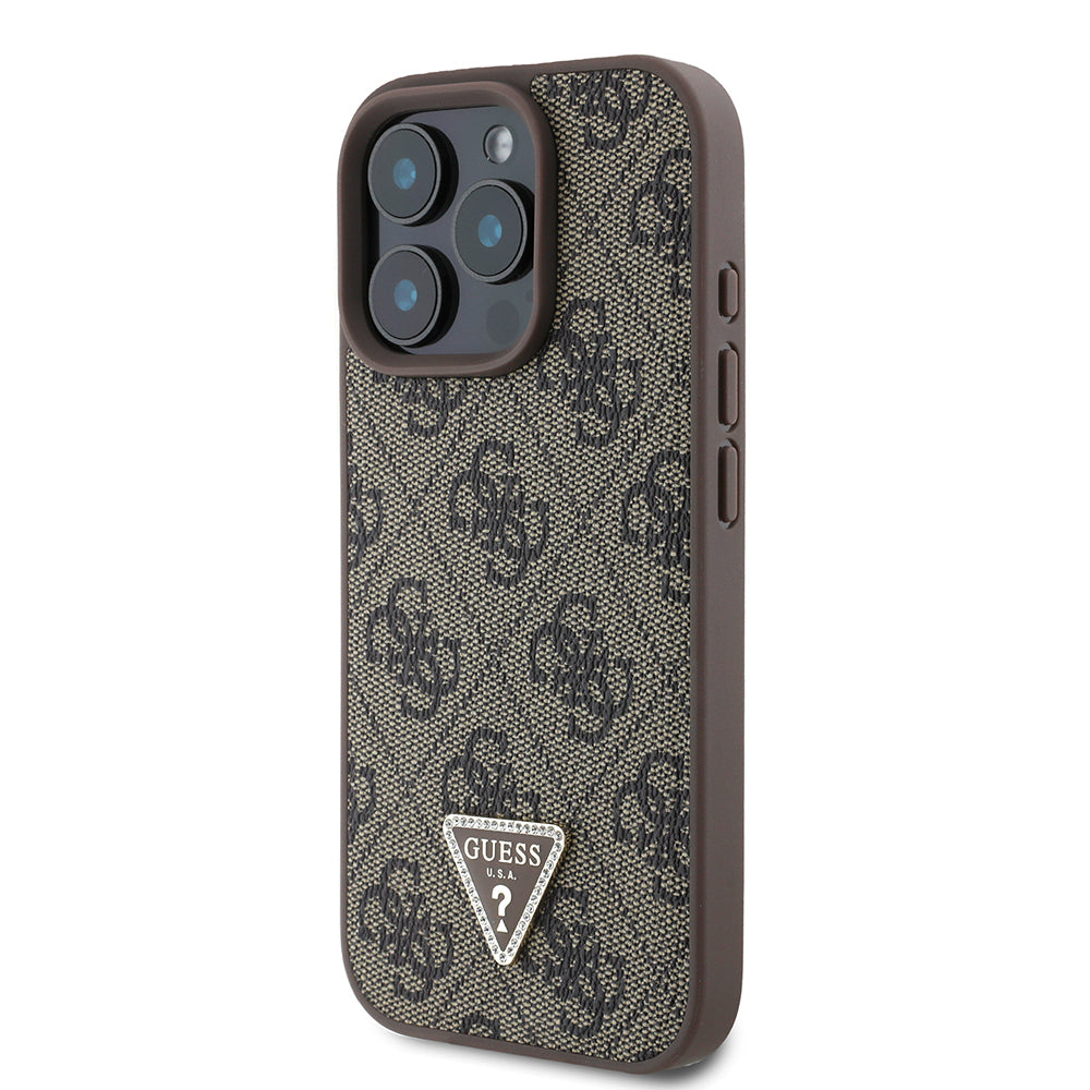 iPhone 16 Pro Kılıf Guess Orijinal Lisanslı PU Deri Taşlı Üçgen Logo 4G Desenli Strass Kılıf