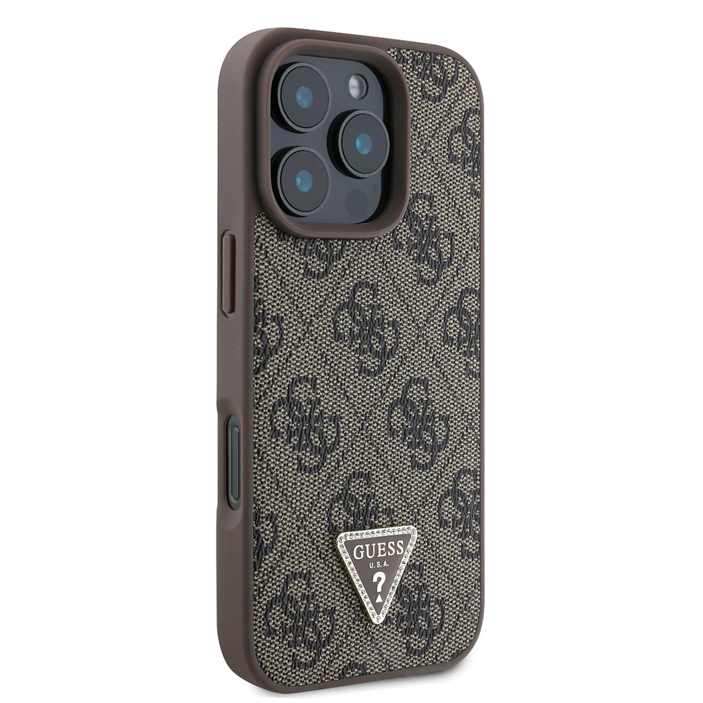 iPhone 16 Pro Kılıf Guess Orijinal Lisanslı PU Deri Taşlı Üçgen Logo 4G Desenli Strass Kılıf
