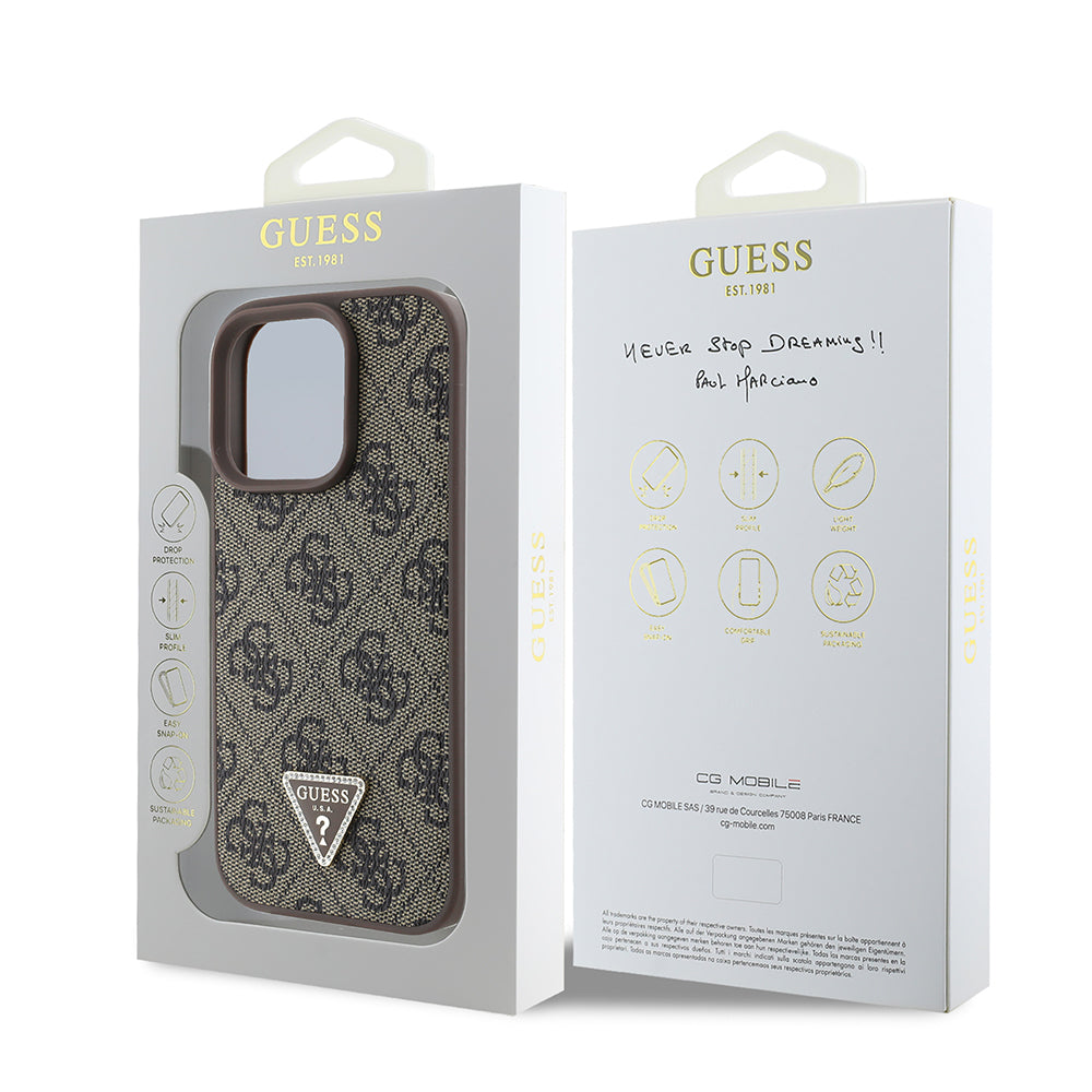 iPhone 16 Pro Kılıf Guess Orijinal Lisanslı PU Deri Taşlı Üçgen Logo 4G Desenli Strass Kılıf