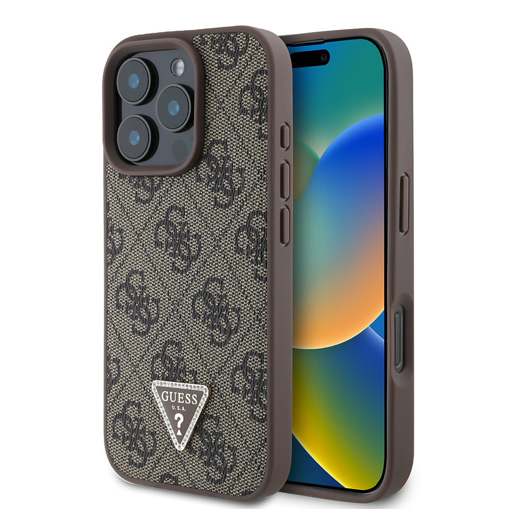iPhone 16 Pro Kılıf Guess Orijinal Lisanslı PU Deri Taşlı Üçgen Logo 4G Desenli Strass Kılıf