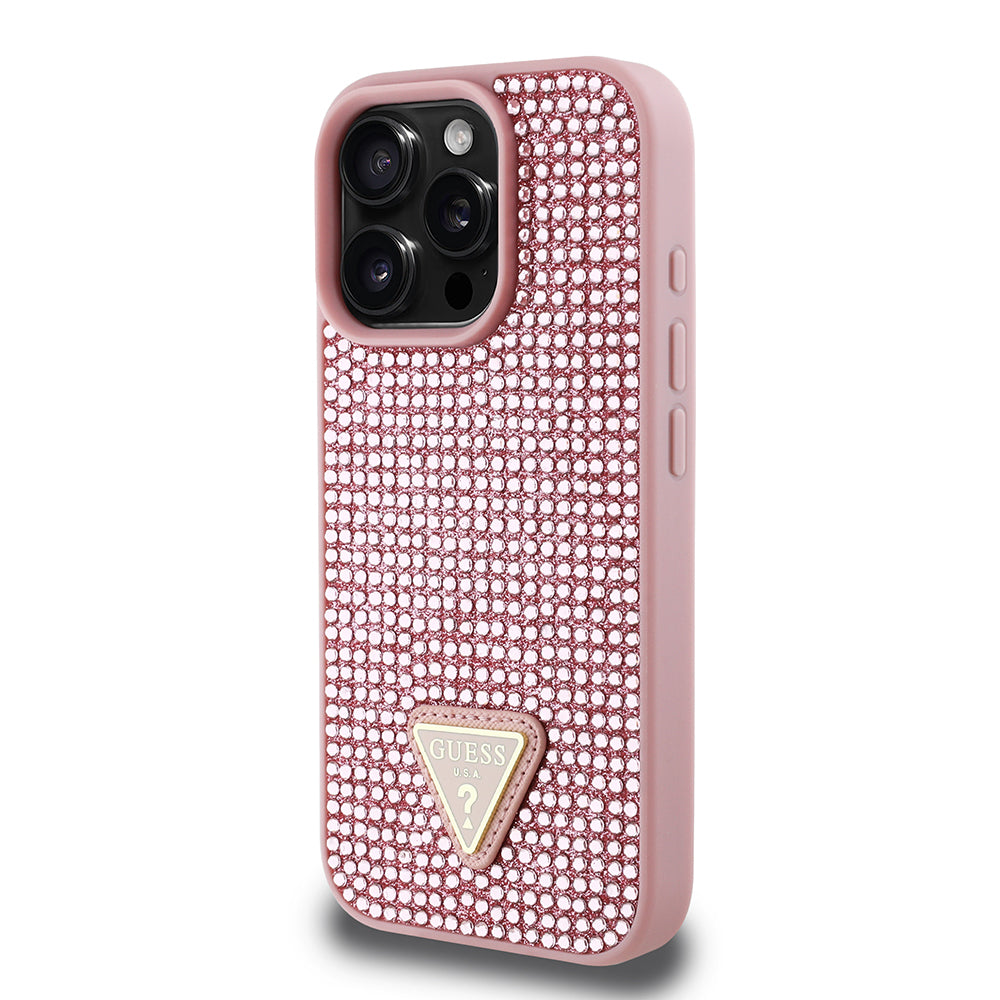 iPhone 16 Pro Kılıf Guess Orijinal Lisanslı Taşlı Arka Yüzey Üçgen Logolu Kılıf
