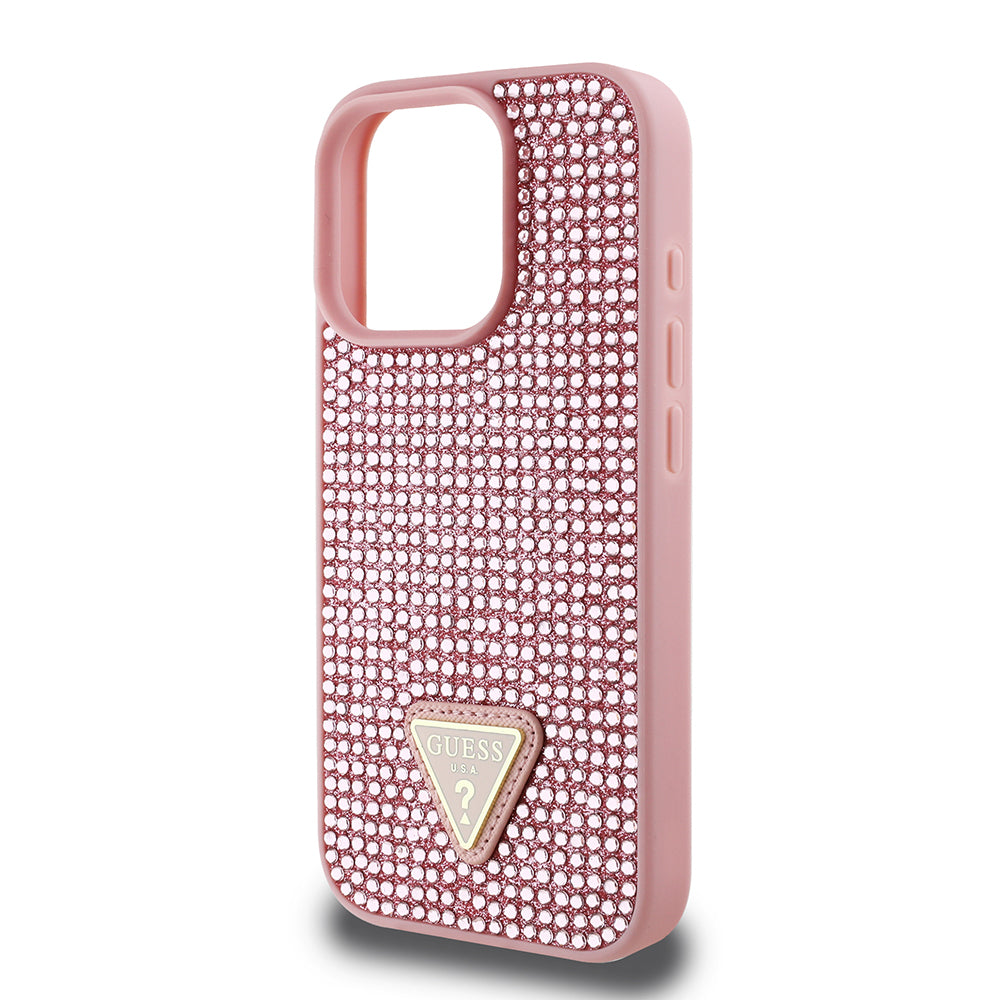 iPhone 16 Pro Kılıf Guess Orijinal Lisanslı Taşlı Arka Yüzey Üçgen Logolu Kılıf