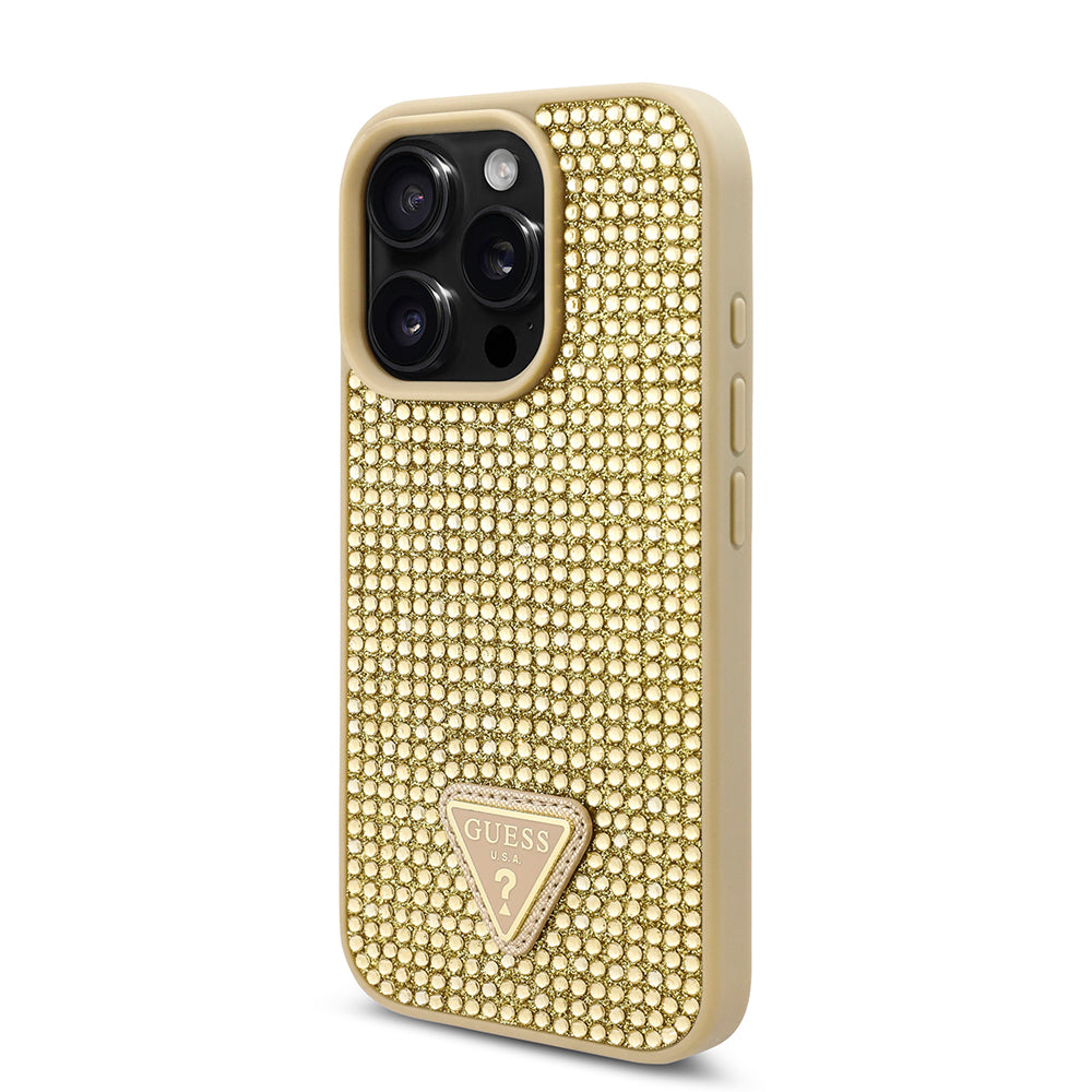 iPhone 16 Pro Kılıf Guess Orijinal Lisanslı Taşlı Arka Yüzey Üçgen Logolu Kılıf