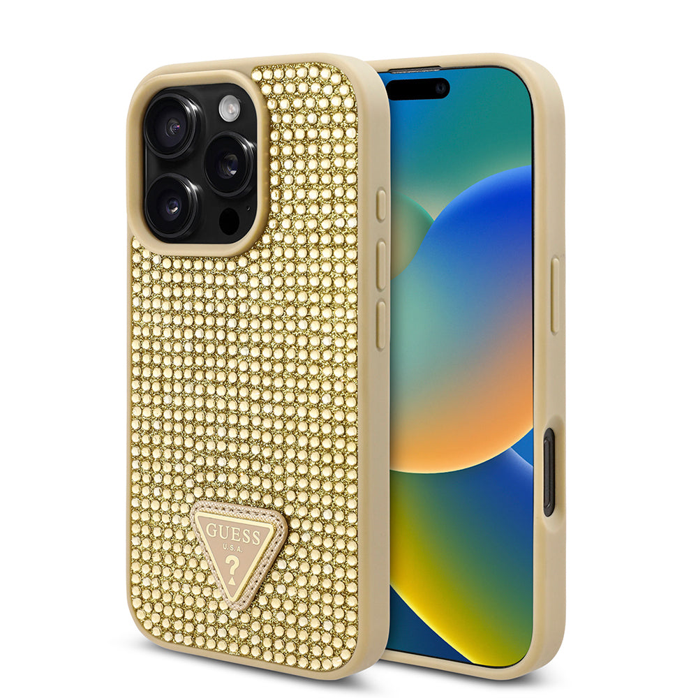 iPhone 16 Pro Kılıf Guess Orijinal Lisanslı Taşlı Arka Yüzey Üçgen Logolu Kılıf