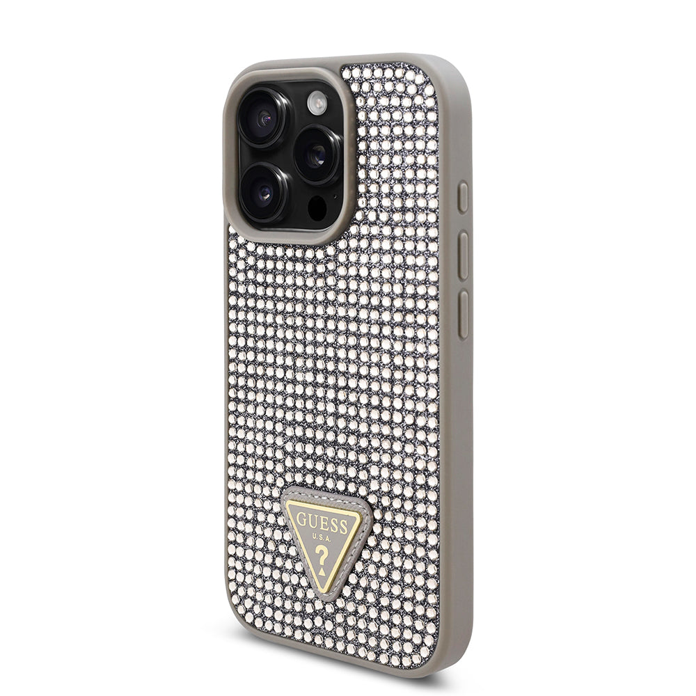 iPhone 16 Pro Kılıf Guess Orijinal Lisanslı Taşlı Arka Yüzey Üçgen Logolu Kılıf