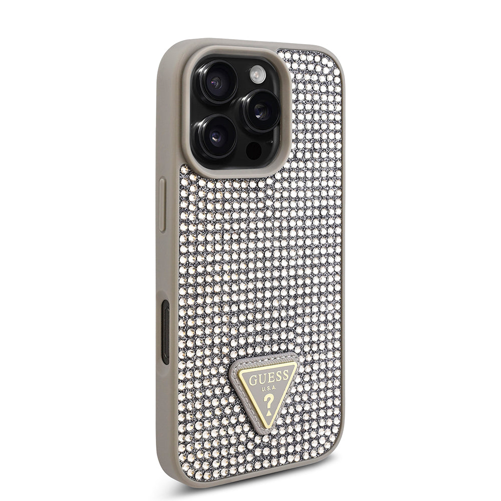 iPhone 16 Pro Kılıf Guess Orijinal Lisanslı Taşlı Arka Yüzey Üçgen Logolu Kılıf
