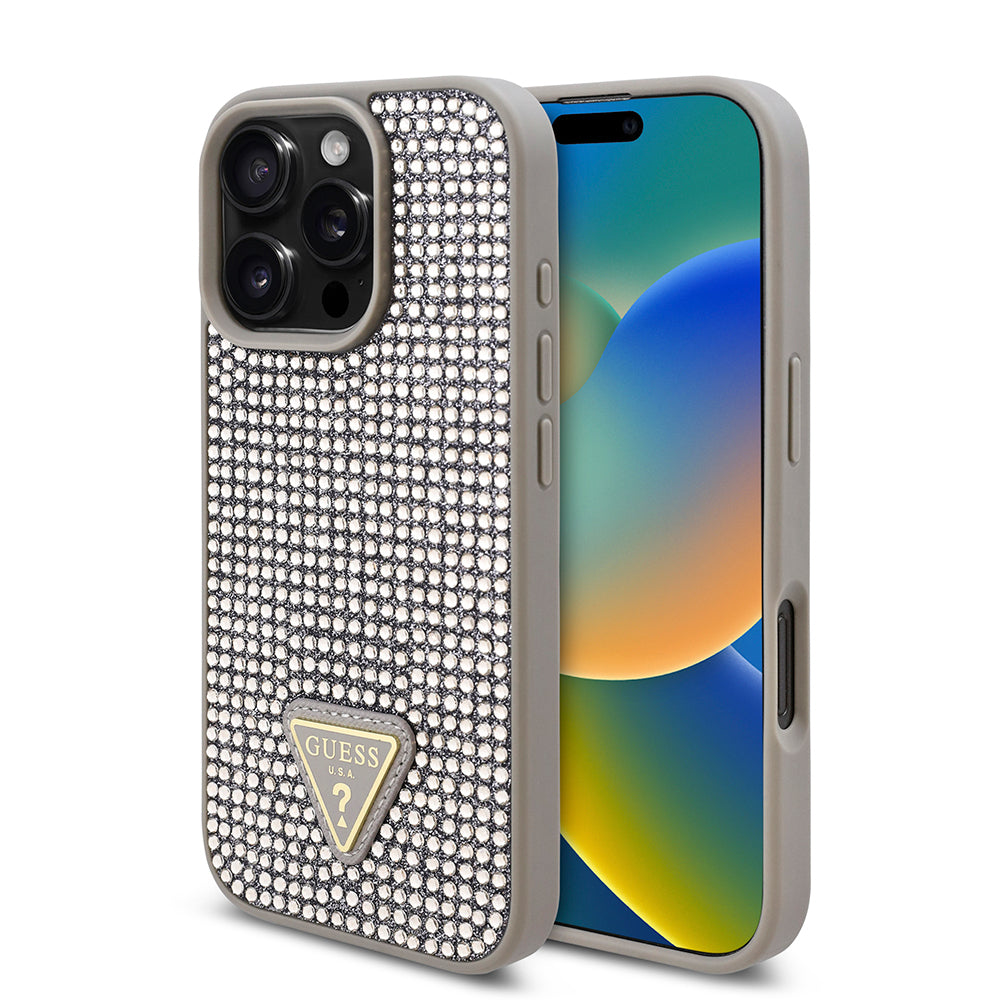 iPhone 16 Pro Kılıf Guess Orijinal Lisanslı Taşlı Arka Yüzey Üçgen Logolu Kılıf