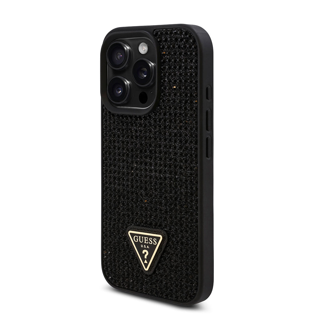 iPhone 16 Pro Kılıf Guess Orijinal Lisanslı Taşlı Arka Yüzey Üçgen Logolu Kılıf