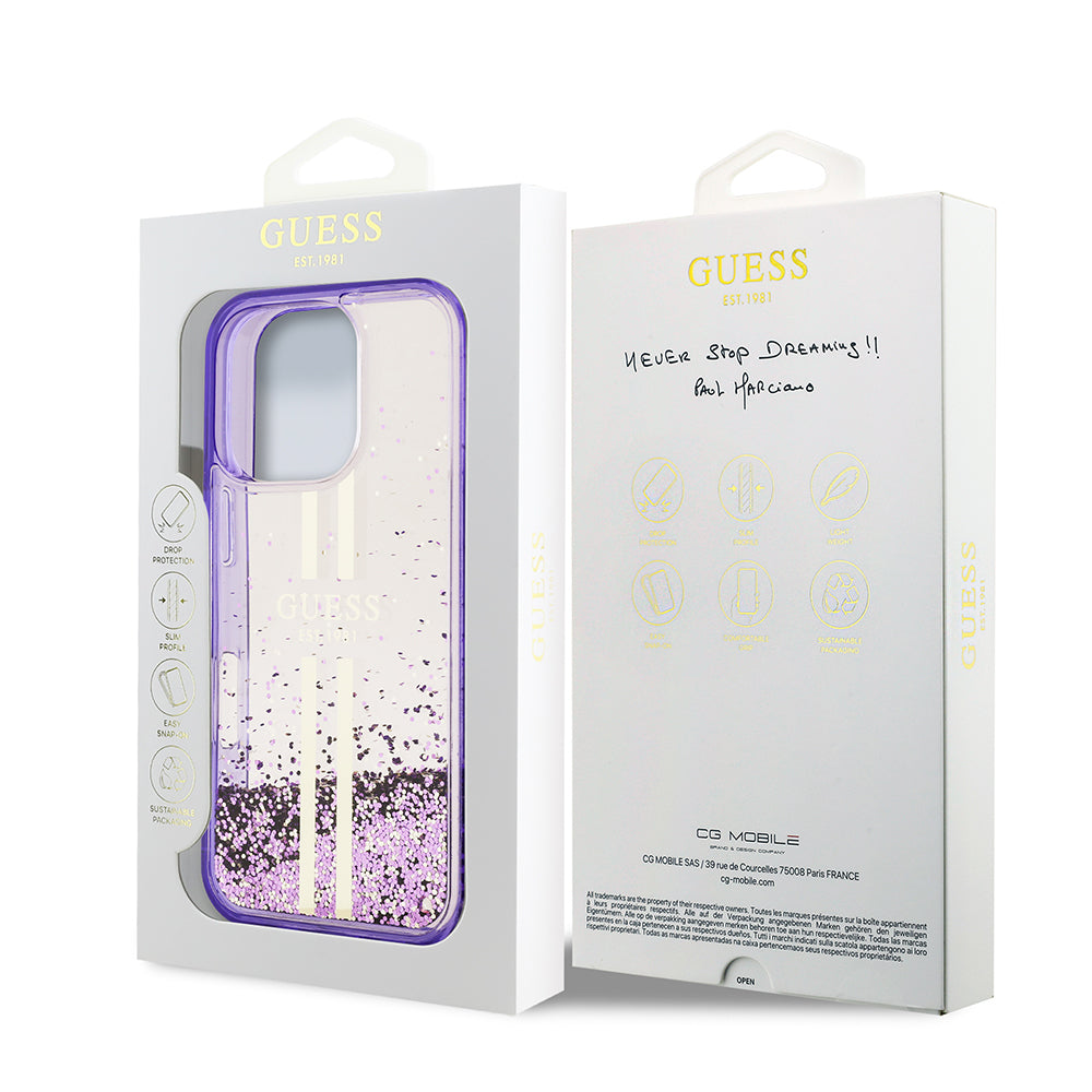 iPhone 16 Pro Kılıf Guess Orijinal Lisanslı Transparan Sıvılı Simli Altın Çizgili Kılıf