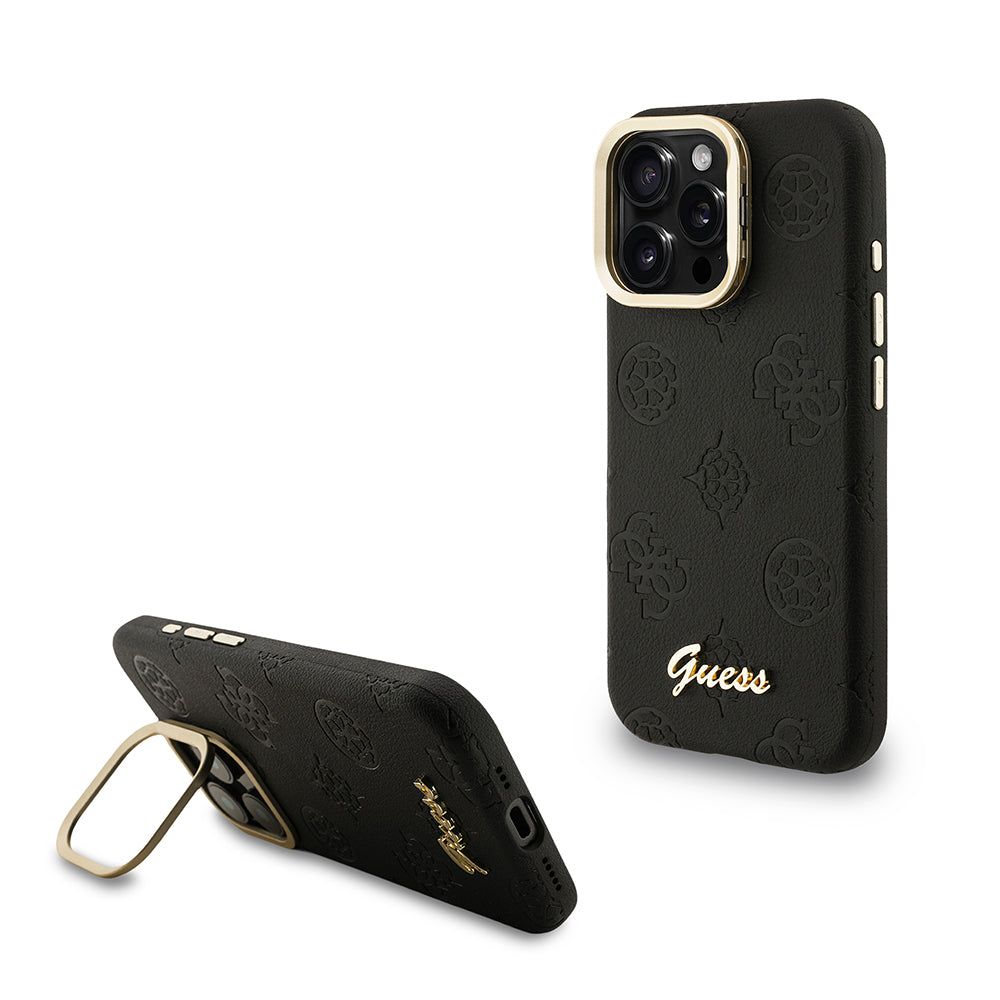 iPhone 16 Pro Kılıf Guess orijinal Lisanslı M-safe Şarj Özellikli Sıcak Baskılı Yazı Logolu Kamera Standlı PU Deri Peony Kılıf
