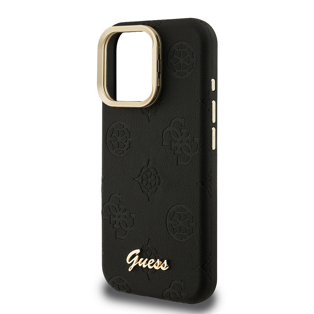 iPhone 16 Pro Kılıf Guess orijinal Lisanslı M-safe Şarj Özellikli Sıcak Baskılı Yazı Logolu Kamera Standlı PU Deri Peony Kılıf