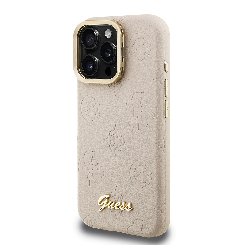 iPhone 16 Pro Kılıf Guess orijinal Lisanslı M-safe Şarj Özellikli Sıcak Baskılı Yazı Logolu Kamera Standlı PU Deri Peony Kılıf