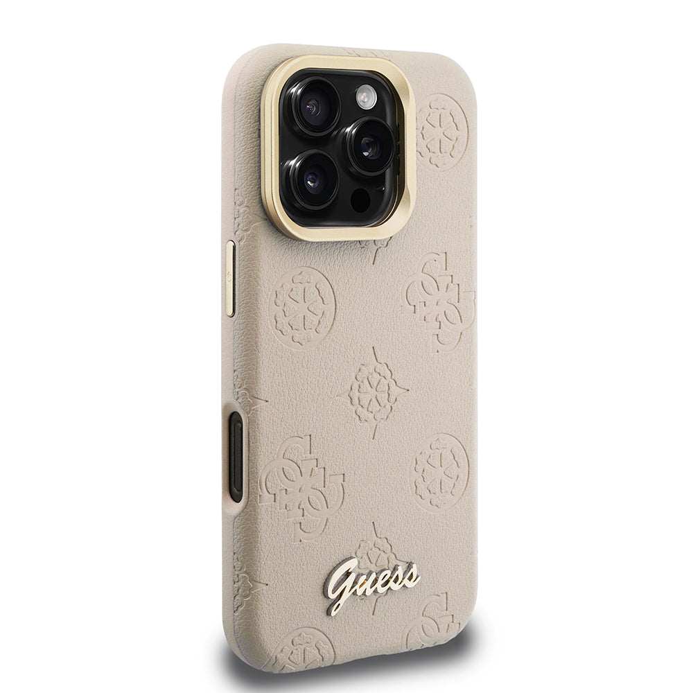 iPhone 16 Pro Kılıf Guess orijinal Lisanslı M-safe Şarj Özellikli Sıcak Baskılı Yazı Logolu Kamera Standlı PU Deri Peony Kılıf