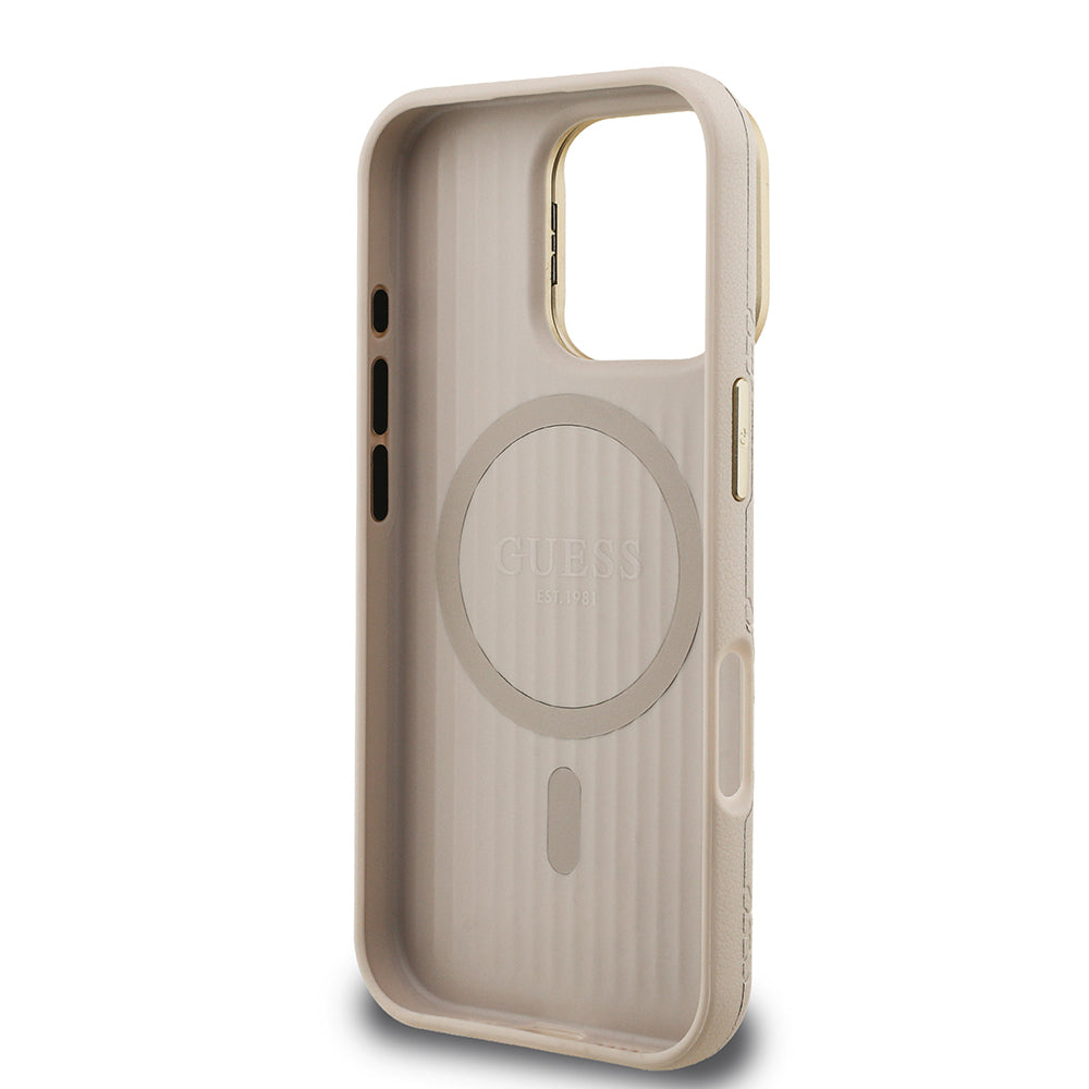 iPhone 16 Pro Kılıf Guess orijinal Lisanslı M-safe Şarj Özellikli Sıcak Baskılı Yazı Logolu Kamera Standlı PU Deri Peony Kılıf