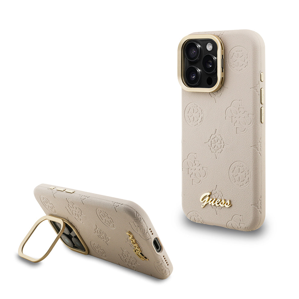 iPhone 16 Pro Kılıf Guess orijinal Lisanslı M-safe Şarj Özellikli Sıcak Baskılı Yazı Logolu Kamera Standlı PU Deri Peony Kılıf