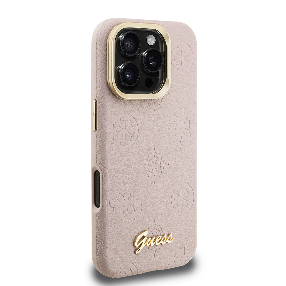 iPhone 16 Pro Kılıf Guess orijinal Lisanslı M-safe Şarj Özellikli Sıcak Baskılı Yazı Logolu Kamera Standlı PU Deri Peony Kılıf
