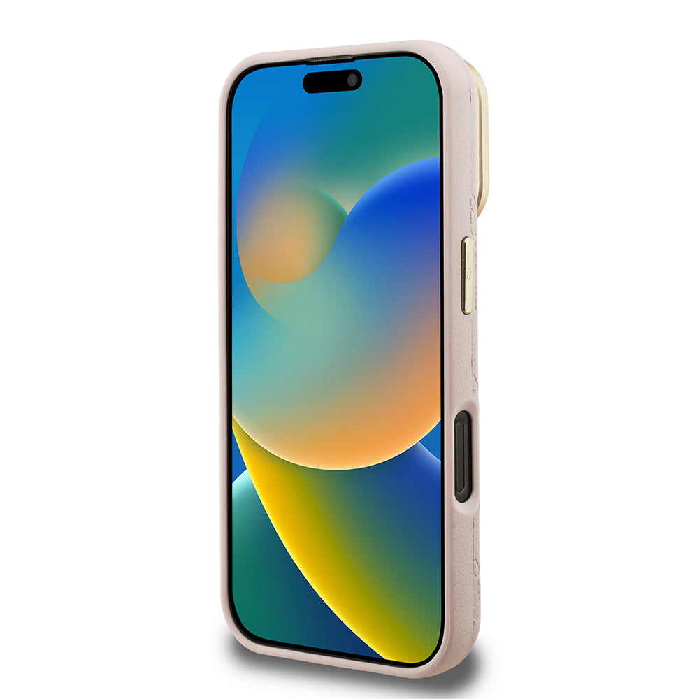 iPhone 16 Pro Kılıf Guess orijinal Lisanslı M-safe Şarj Özellikli Sıcak Baskılı Yazı Logolu Kamera Standlı PU Deri Peony Kılıf