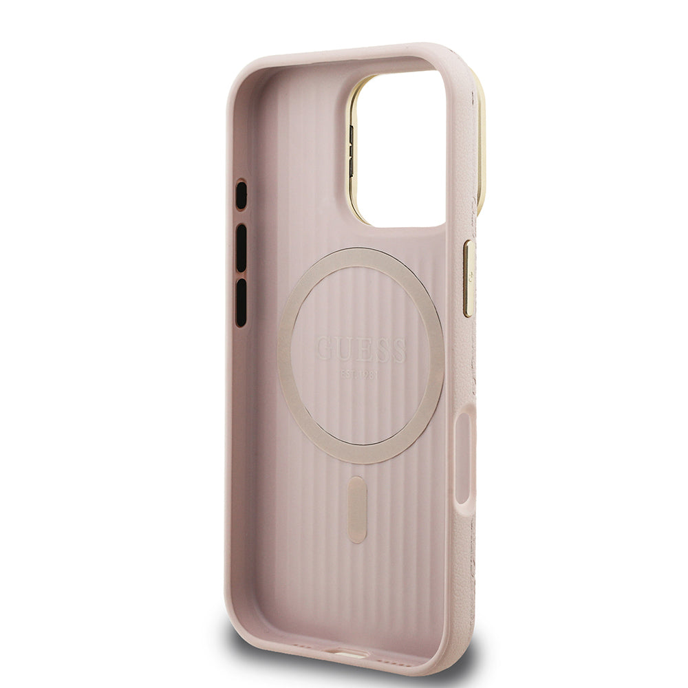 iPhone 16 Pro Kılıf Guess orijinal Lisanslı M-safe Şarj Özellikli Sıcak Baskılı Yazı Logolu Kamera Standlı PU Deri Peony Kılıf