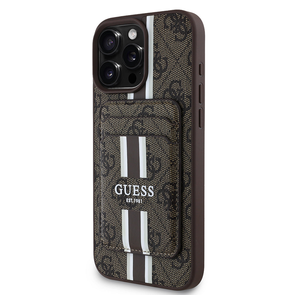 iPhone 16 Pro Kılıf Guess orijinal Lisanslı M-safe Şarj Özellikli 4G Desenli Çizgili Kartlıklı Kılıf