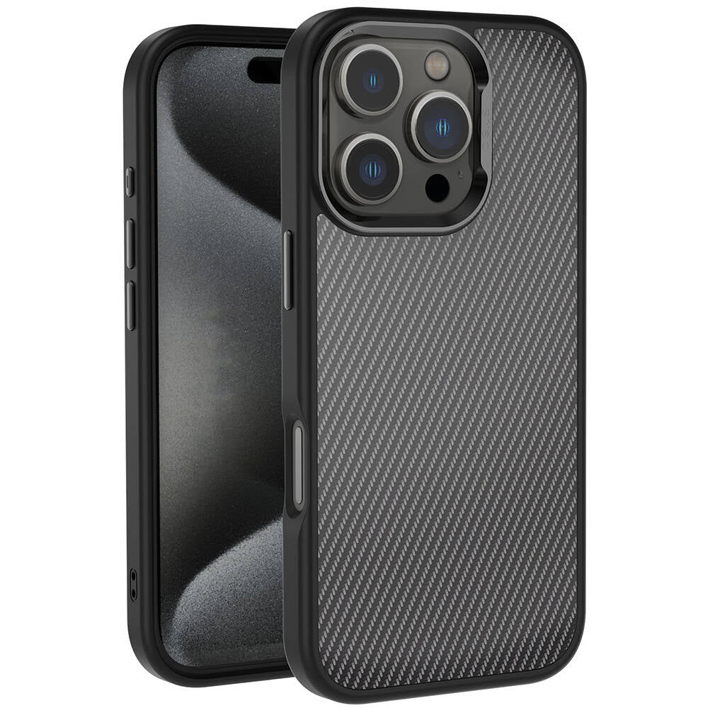 iPhone 16 Pro Kılıf Karbon Fiber Görünümlü Parlak Kamera Çerçeveli Zore Venus Kılıf