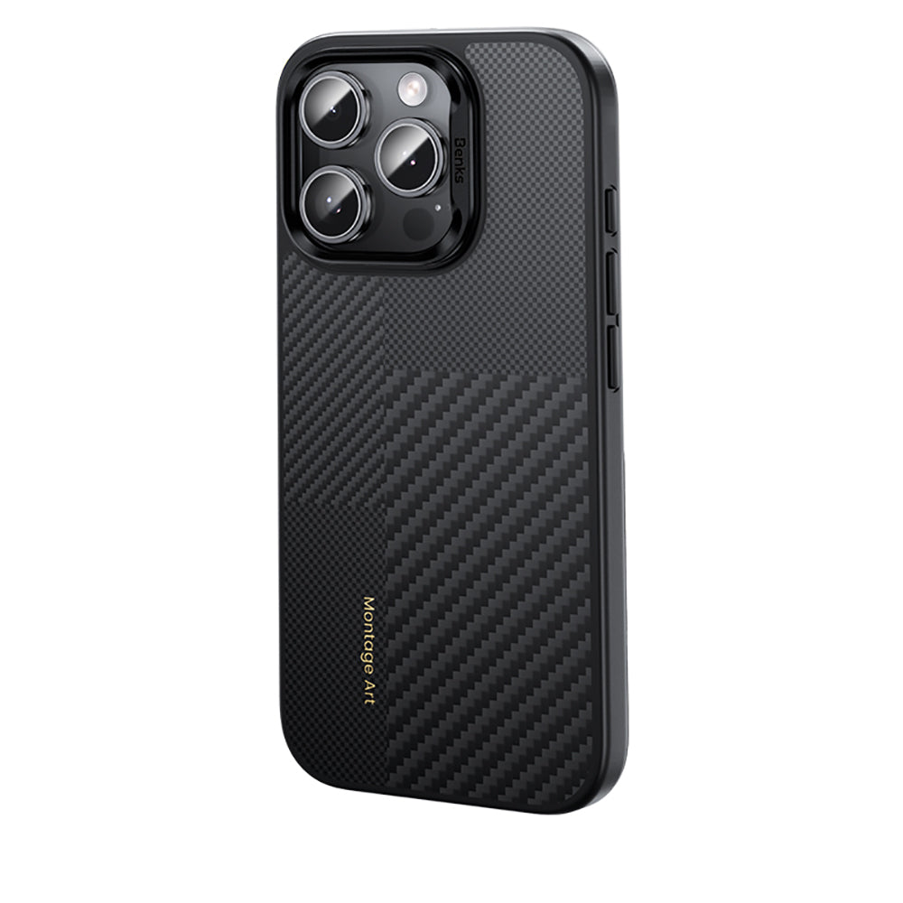 iPhone 16 Pro Kılıf Karbon Fiber M-safe Şarj Özellikli Kamera Kontrol Butonlu Benks Hybrid ArmorPro Montage Kevlar Kılıf