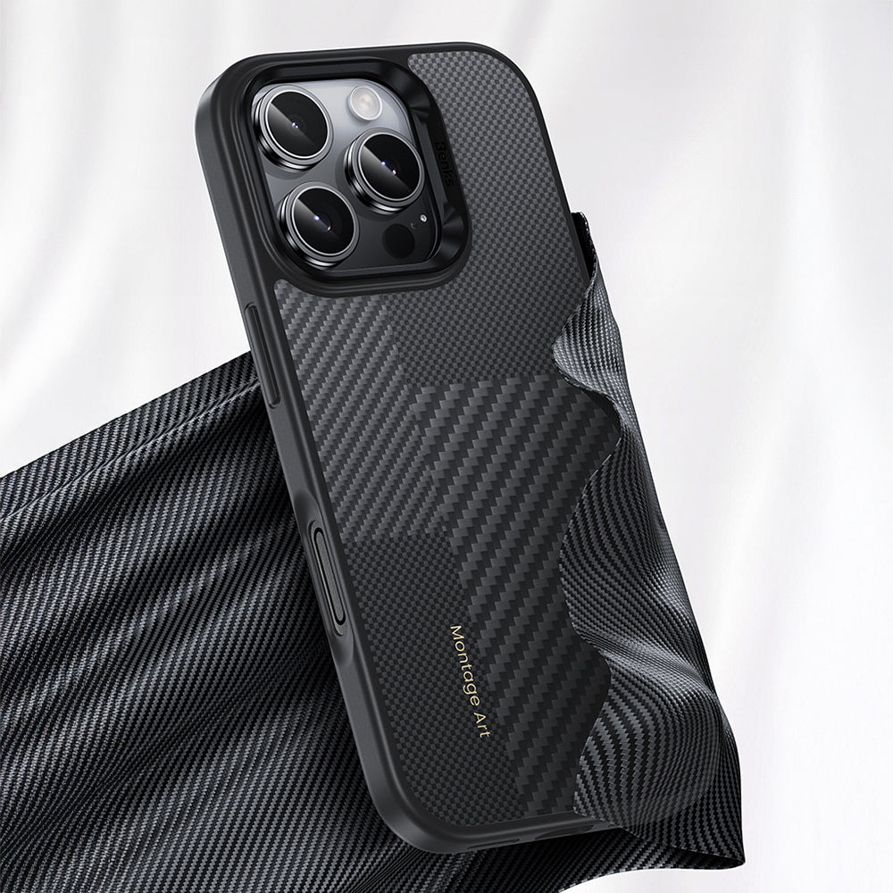 iPhone 16 Pro Kılıf Karbon Fiber M-safe Şarj Özellikli Kamera Kontrol Butonlu Benks Hybrid ArmorPro Montage Kevlar Kılıf