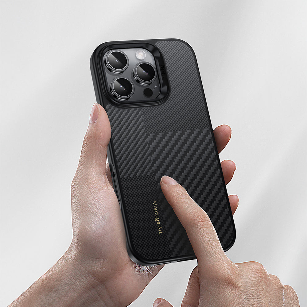 iPhone 16 Pro Kılıf Karbon Fiber M-safe Şarj Özellikli Kamera Kontrol Butonlu Benks Hybrid ArmorPro Montage Kevlar Kılıf