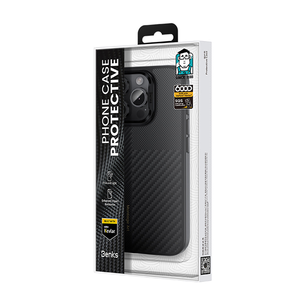 iPhone 16 Pro Kılıf Karbon Fiber M-safe Şarj Özellikli Kamera Kontrol Butonlu Benks Hybrid ArmorPro Montage Kevlar Kılıf