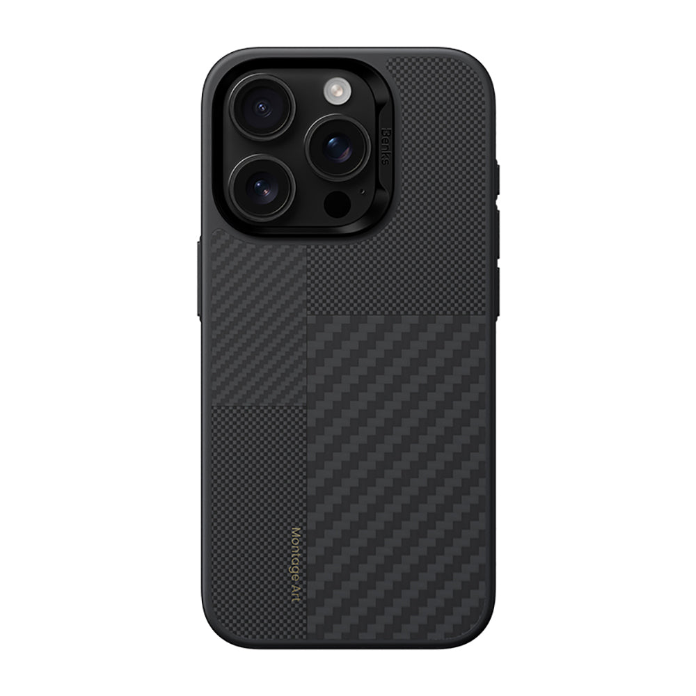 iPhone 16 Pro Kılıf Karbon Fiber M-safe Şarj Özellikli Kamera Kontrol Butonlu Benks Hybrid ArmorPro Montage Kevlar Kılıf