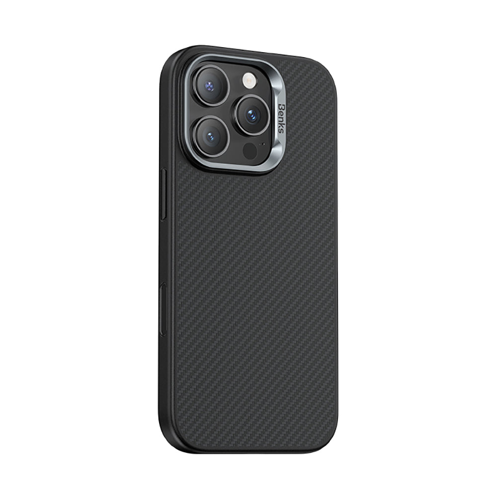 iPhone 16 Pro Kılıf Karbon Fiber M-safe Şarj Özellikli Kamerra Kontrol Butonlu Benks Hybrid ArmorPro 600D Kevlar Kılıf
