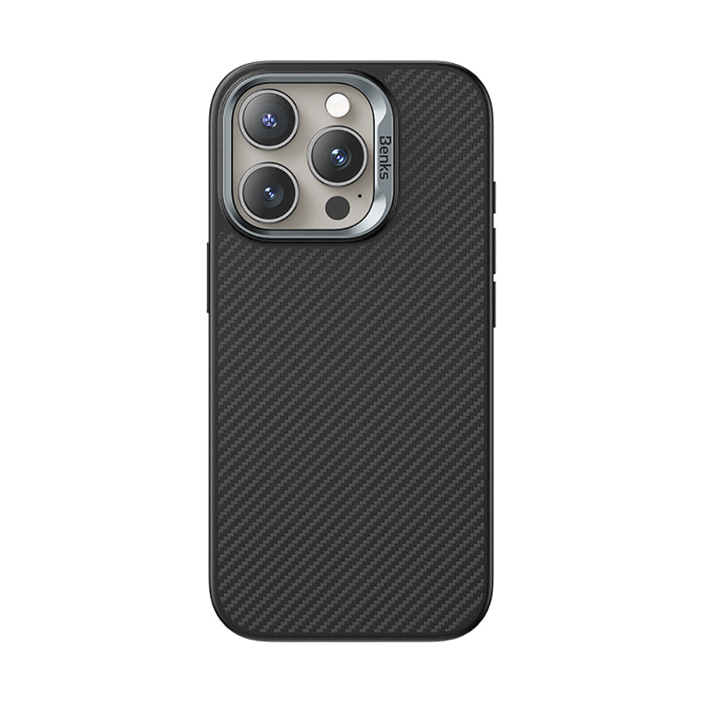 iPhone 16 Pro Kılıf Karbon Fiber M-safe Şarj Özellikli Kamerra Kontrol Butonlu Benks Hybrid ArmorPro 600D Kevlar Kılıf