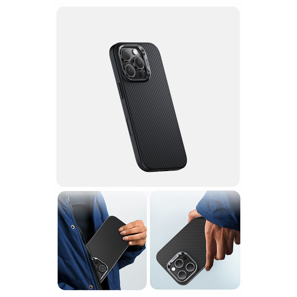 iPhone 16 Pro Kılıf Karbon Fiber M-safe Şarj Özellikli Kamerra Kontrol Butonlu Benks Hybrid ArmorPro 600D Kevlar Kılıf
