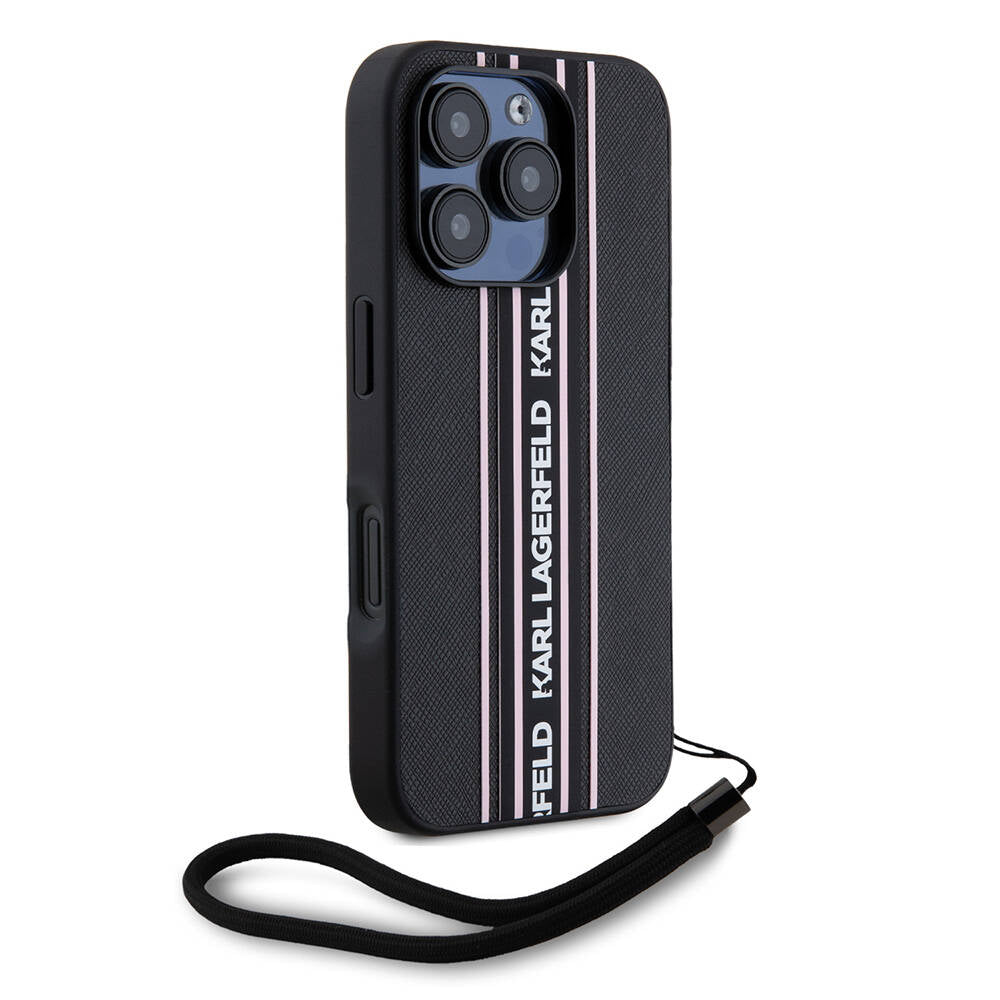 iPhone 16 Pro Kılıf Karl Lagerfeld Orijinal Lisanslı Askılı Saffiano Athleisure Şerit Çizgili Kılıf