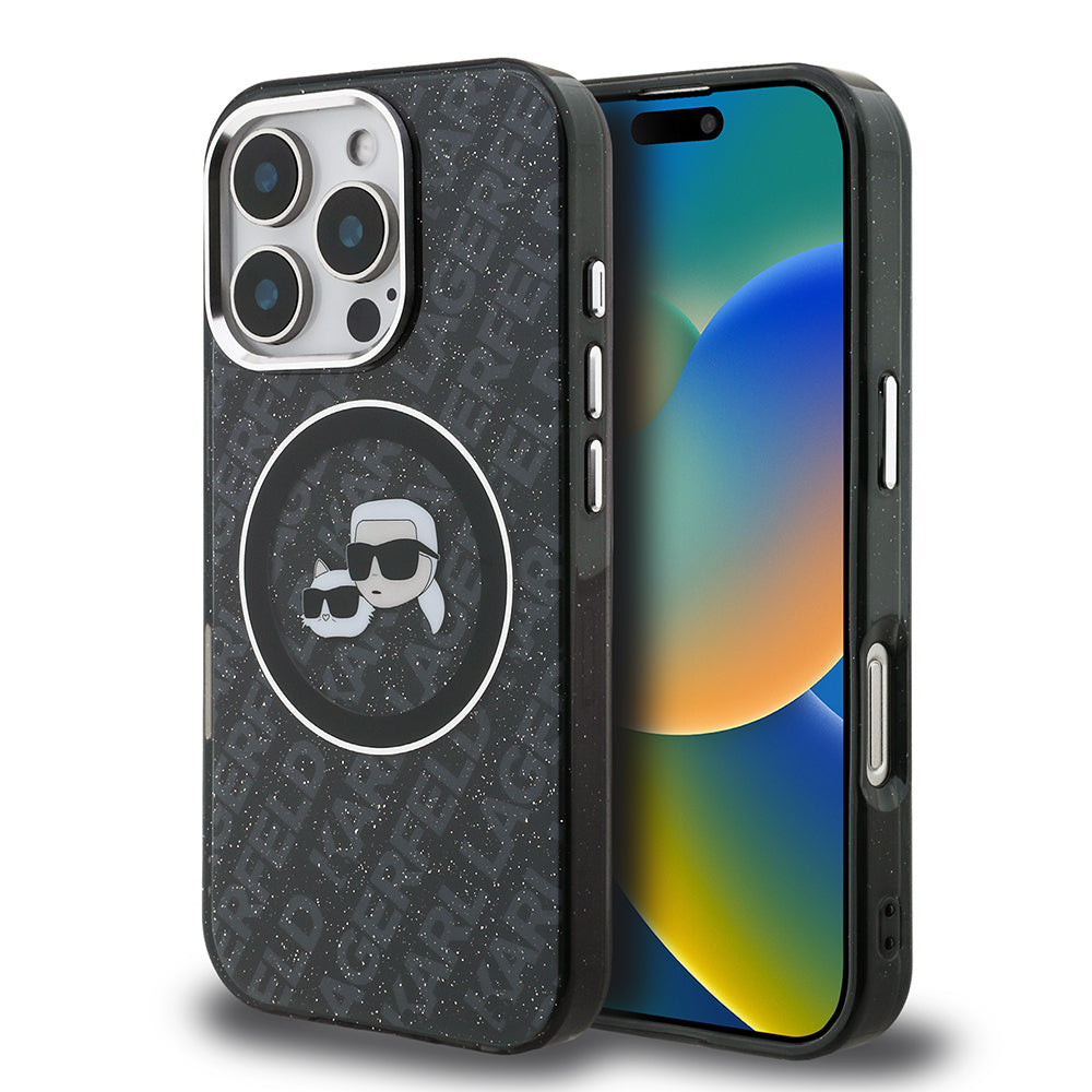 iPhone 16 Pro Kılıf Karl Lagerfeld Orijinal Lisanslı Parlayan Simli Karl & Choupette Heads Kılıf