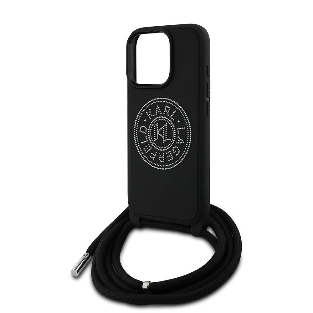 iPhone 16 Pro Kılıf Karl Lagerfeld orijinal Lisanslı Askı İpli Taşlı KL Yazılı Crossbody Cord Kılıf