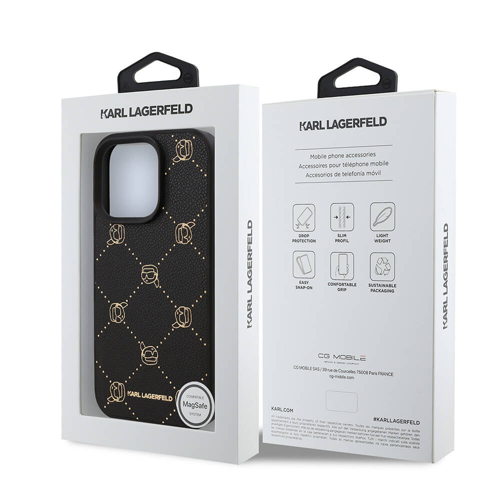 iPhone 16 Pro Kılıf Karl Lagerfeld orijinal Lisanslı M-safe Şarj Özellikli PU Deri Karl Heads Desenli Klasik Logolu Kılıf