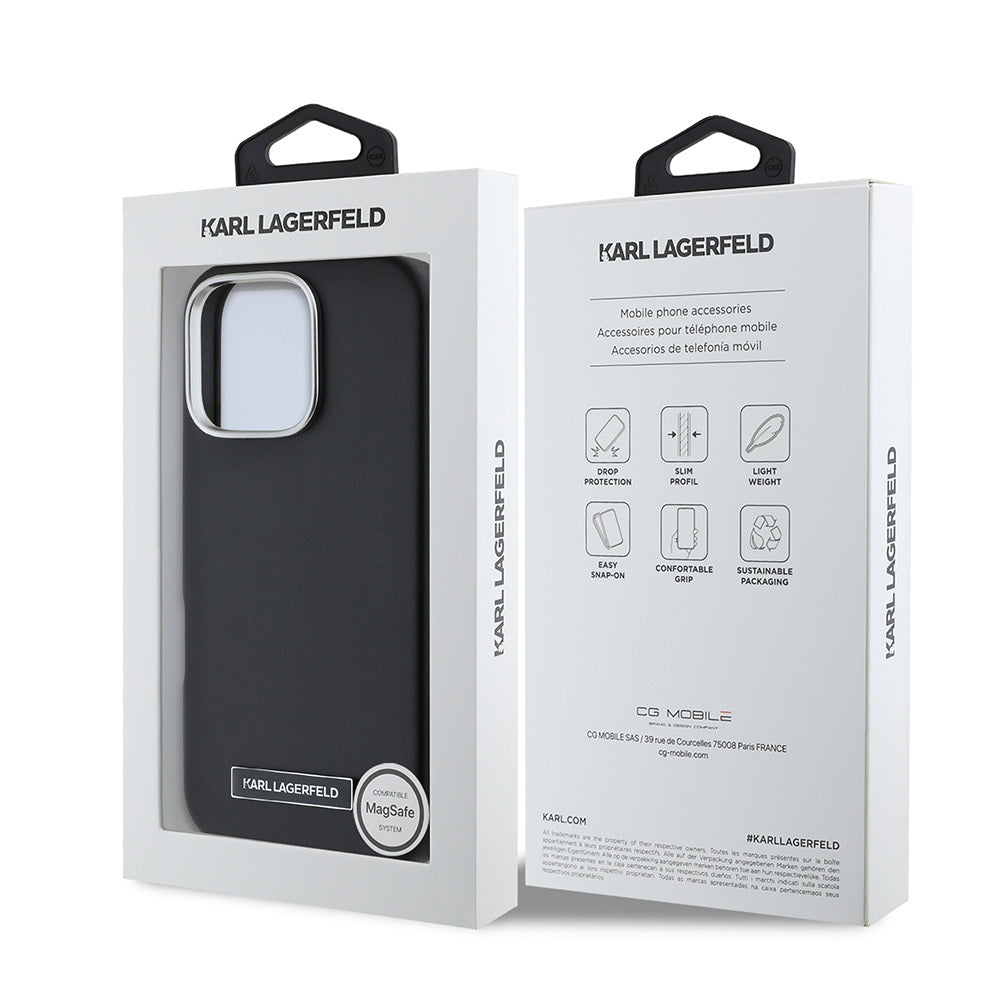 iPhone 16 Pro Kılıf Karl Lagerfeld orijinal Lisanslı M-safe Şarj Özellikli Metal Kamera ve Buton Tasarımlı Plaka Logolu PU Deri Kılıf