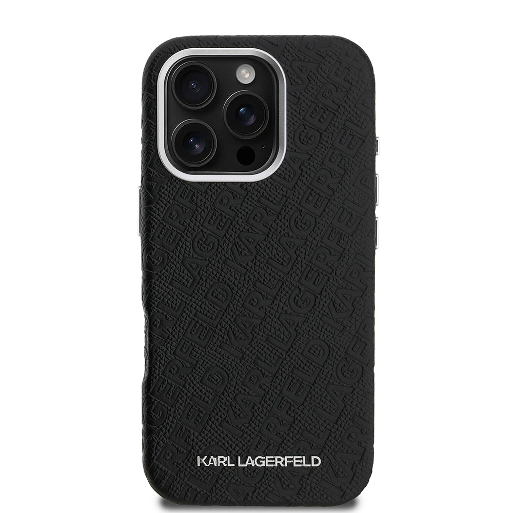 iPhone 16 Pro Kılıf Karl Lagerfeld orijinal Lisanslı PU Deri Damgalı Metal Yazı Logolu Kılıf