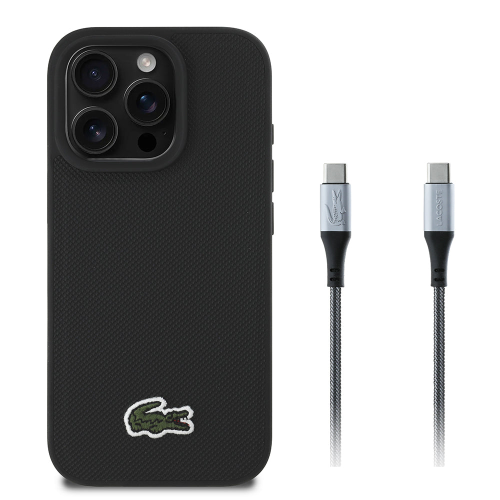 iPhone 16 Pro Kılıf Lacoste Orijinal Lisanslı PU Pike Desenli Arka Yüzey İkonik Timsah Dokuma Logolu Kılıf + Type-C Kablo 1.5m