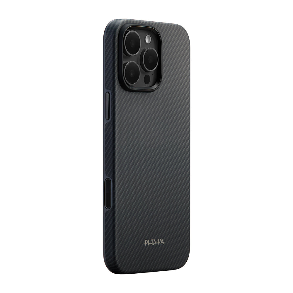 iPhone 16 Pro Kılıf M-safe Şarj Özellikli Aramid Karbon Fiber Pitaka Military-Grade Classic Serisi New Logo Black-Grey Twill Kılıf