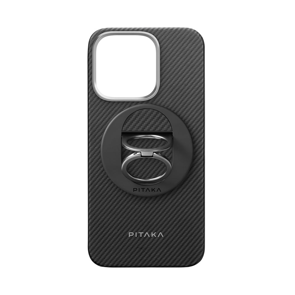 iPhone 16 Pro Kılıf M-safe Şarj Özellikli Grip 3 Standlı 600D Aramid Karbon Fiber Pitaka Ultra-Slim Classic Serisi Black-Grey Twill Kılıf