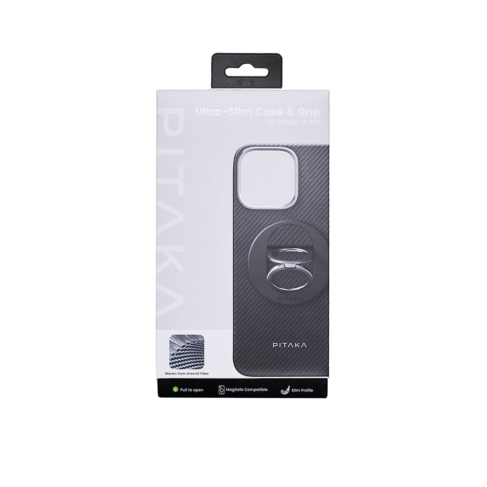 iPhone 16 Pro Kılıf M-safe Şarj Özellikli Grip 3 Standlı 600D Aramid Karbon Fiber Pitaka Ultra-Slim Classic Serisi Black-Grey Twill Kılıf