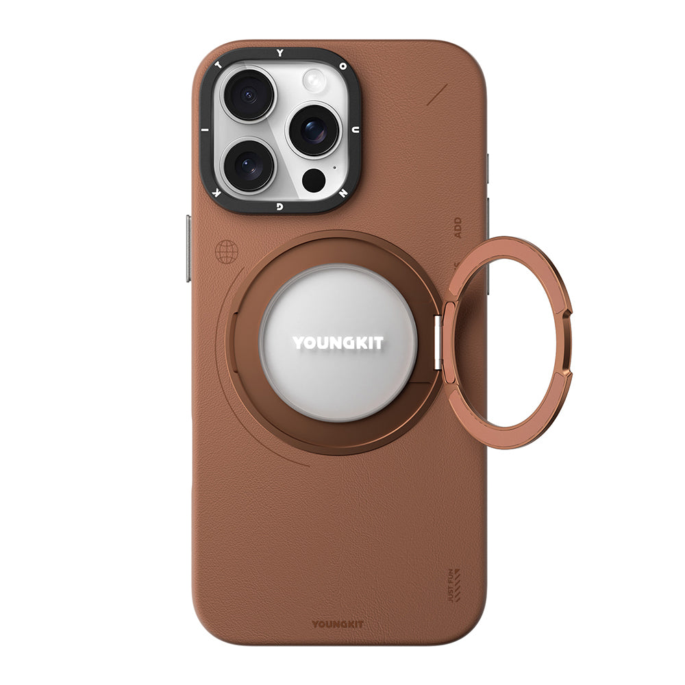 iPhone 16 Pro Kılıf M-safe Şarj Özellikli 360° Standlı Basit Mat Deri Desenli Youngkit Tech Leather Serisi Kılıf