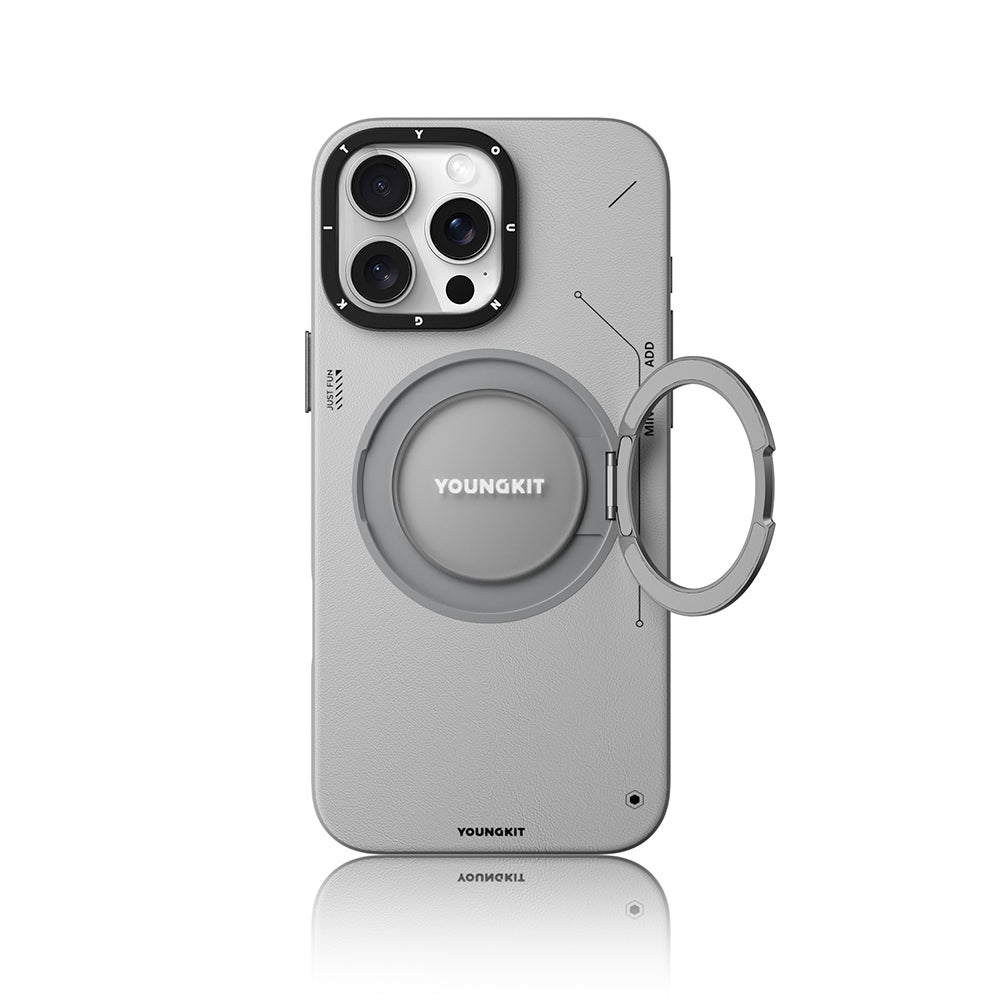 iPhone 16 Pro Kılıf M-safe Şarj Özellikli 360° Standlı Basit Mat Deri Desenli Youngkit Tech Leather Serisi Kılıf