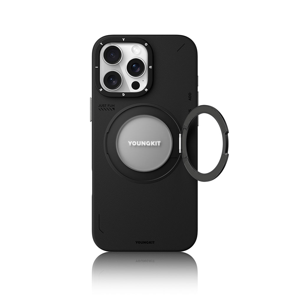 iPhone 16 Pro Kılıf M-safe Şarj Özellikli 360° Standlı Basit Mat Deri Desenli Youngkit Tech Leather Serisi Kılıf