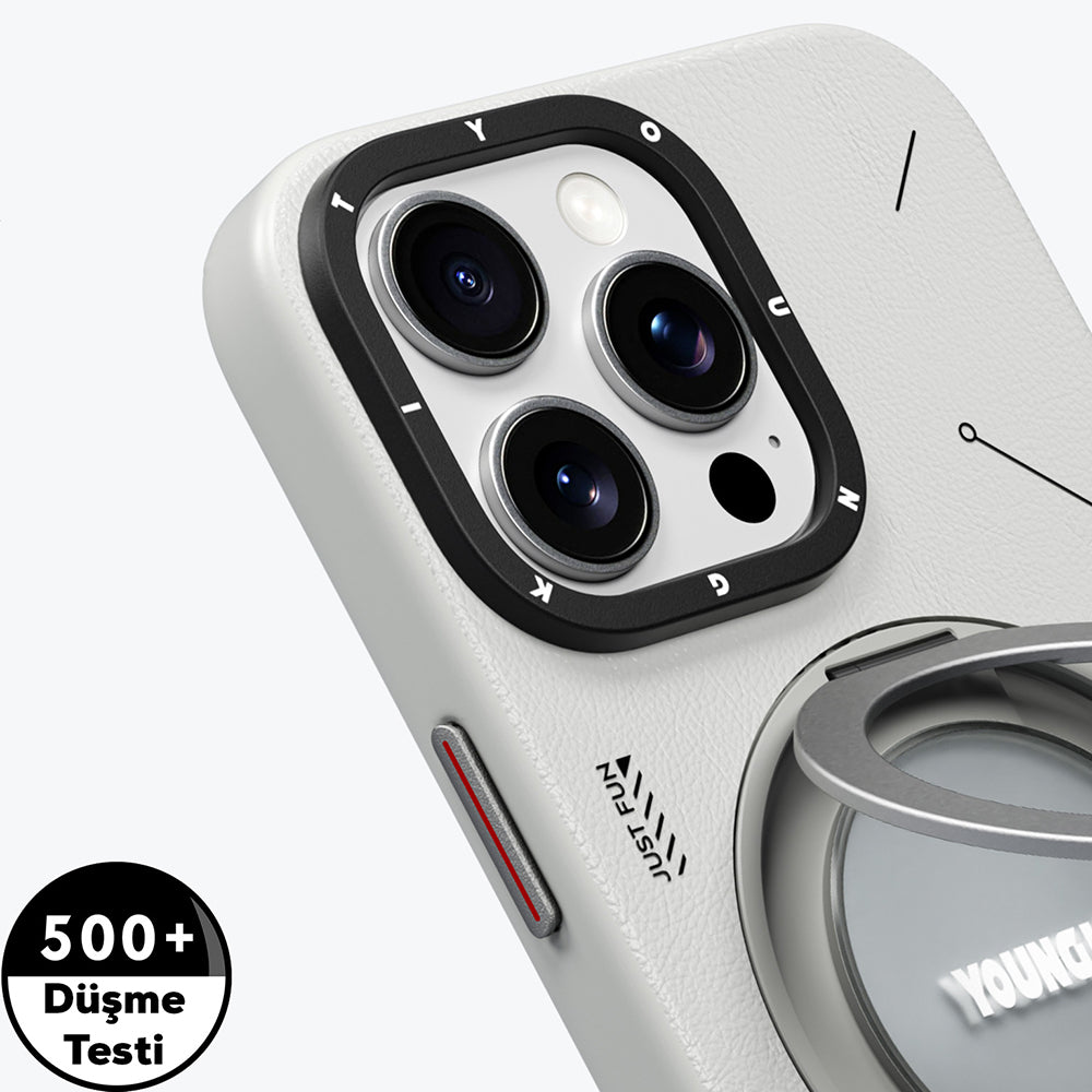 iPhone 16 Pro Kılıf M-safe Şarj Özellikli 360° Standlı Basit Mat Deri Desenli Youngkit Tech Leather Serisi Kılıf