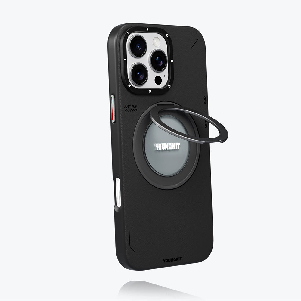iPhone 16 Pro Kılıf M-safe Şarj Özellikli 360° Standlı Basit Mat Deri Desenli Youngkit Tech Leather Serisi Kılıf