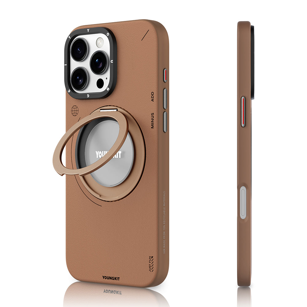 iPhone 16 Pro Kılıf M-safe Şarj Özellikli 360° Standlı Basit Mat Deri Desenli Youngkit Tech Leather Serisi Kılıf