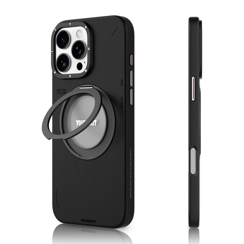 iPhone 16 Pro Kılıf M-safe Şarj Özellikli 360° Standlı Basit Mat Deri Desenli Youngkit Tech Leather Serisi Kılıf