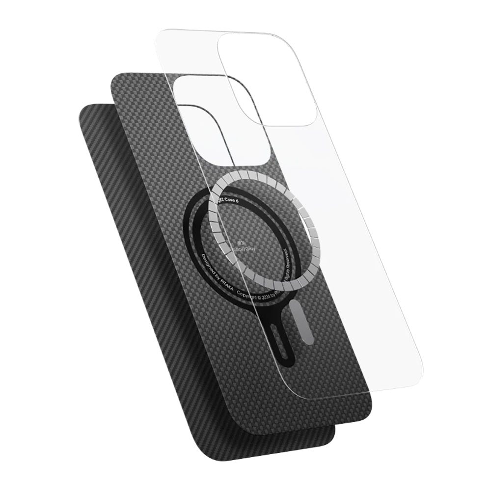 iPhone 16 Pro Kılıf M-safe Şarj Özellikli 600D Aramid Karbon Fiber Pitaka Ultra-Slim Classic Serisi Black-Grey Twill Kılıf